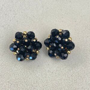 Vintage Black Gold Clip Earrings Starburst Bead Fancy Clip On 1970s Party